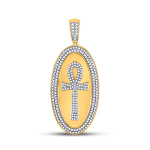 10kt Yellow Gold Mens Round Diamond Oval Ankh Cross Charm Pendant 2 Cttw