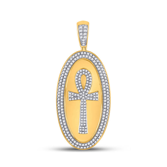 10kt Yellow Gold Mens Round Diamond Oval Ankh Cross Charm Pendant 2 Cttw