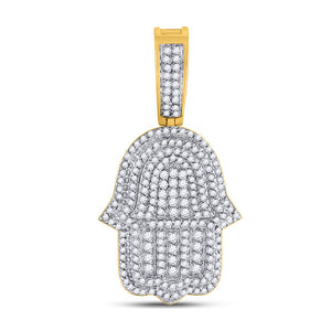 10kt Yellow Gold Mens Round Diamond Hamsa Fatima Hand Charm Pendant 1-7/8 Cttw