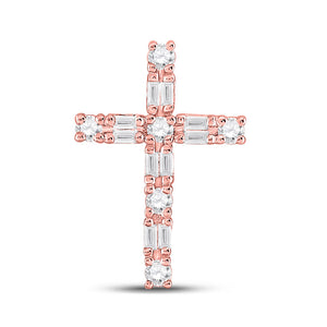 14kt Rose Gold Womens Baguette Round Diamond Cross Pendant 1/4 Cttw