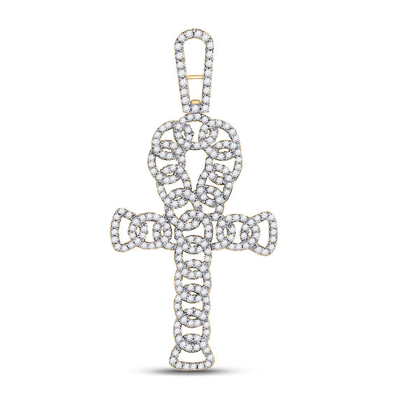 10kt Yellow Gold Mens Round Diamond Ankh Cross Charm Pendant 7/8 Cttw