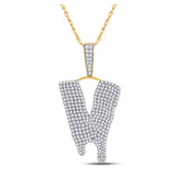10kt Yellow Gold Mens Round Diamond Dripping V Letter Charm Pendant 2-7/8 Cttw