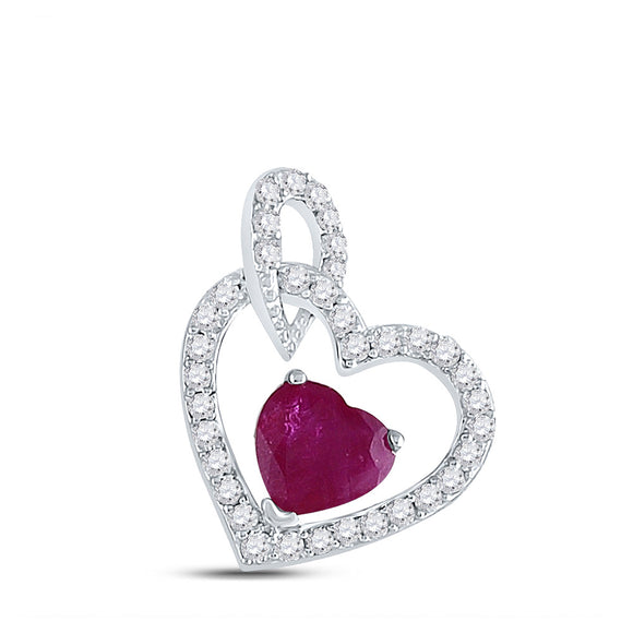 10kt White Gold Womens Heart Ruby Diamond Fashion Pendant 3/4 Cttw