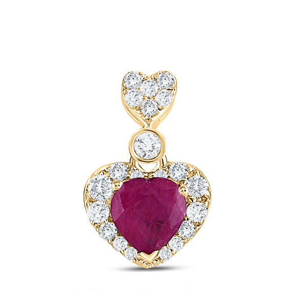 10kt Yellow Gold Womens Heart Ruby Diamond Fashion Pendant 3/8 Cttw