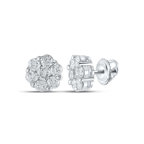 14kt White Gold Womens Round Diamond Flower Cluster Earrings 2 Cttw