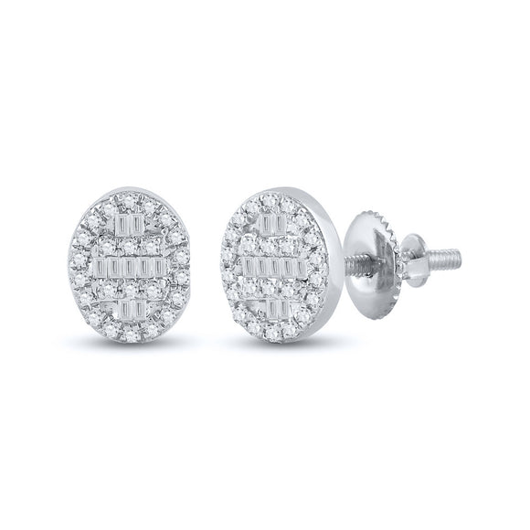 10kt White Gold Womens Baguette Diamond Oval Cluster Earrings 1/4 Cttw
