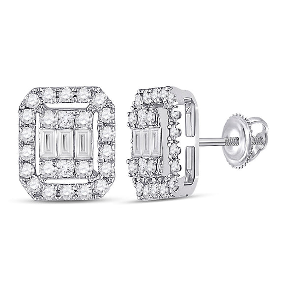 14kt White Gold Womens Baguette Diamond Rectangle Cluster Earrings 1/2 Cttw
