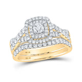10kt Yellow Gold Round Diamond Halo Bridal Wedding Ring Band Set 1 Cttw