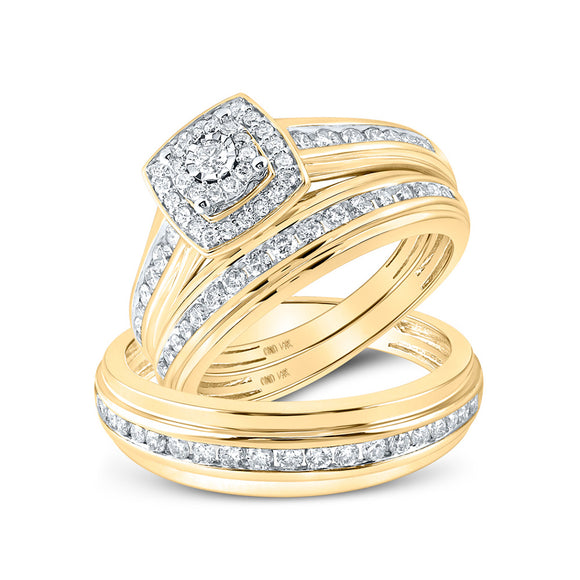 10kt Yellow Gold His Hers Round Diamond Halo Matching Wedding Set 7/8 Cttw
