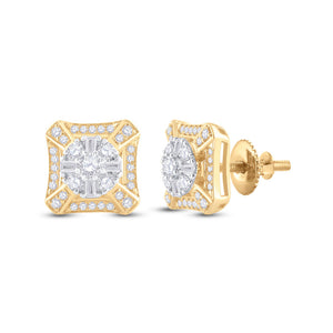 14kt Yellow Gold Baguette Diamond Square Cluster Earrings 3/4 Cttw