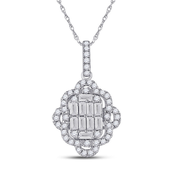 14kt White Gold Womens Baguette Diamond Quatrefoil Cluster Pendant 5/8 Cttw