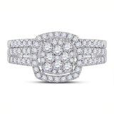 10kt White Gold Round Diamond Square Halo Bridal Wedding Ring Band Set 1 Cttw