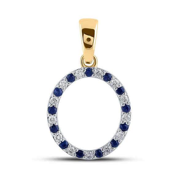 10kt Yellow Gold Womens Round Synthetic Blue Sapphire Diamond O Letter Pendant 1/4 Cttw