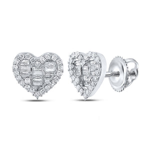 10kt White Gold Womens Baguette Diamond Heart Earrings 3/8 Cttw