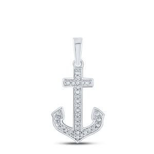 Sterling Silver Womens Round Diamond Anchor Nautical Pendant 1/12 Cttw