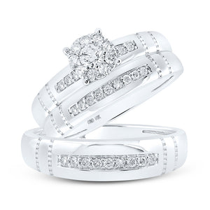 10kt White Gold His Hers Round Diamond Cluster Matching Wedding Set 1/2 Cttw