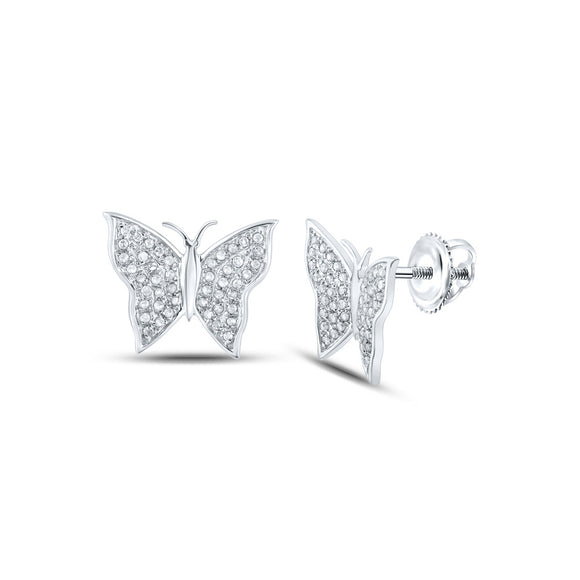 10kt White Gold Womens Round Diamond Butterfly Bug Earrings 1/4 Cttw