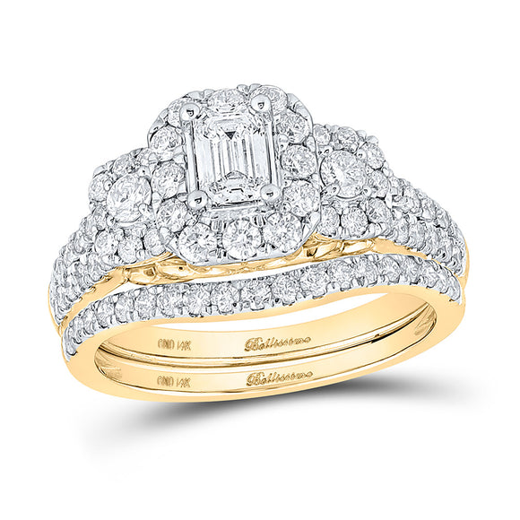 14kt Yellow Gold Emerald Diamond Halo Bridal Wedding Ring Band Set 1-1/2 Cttw