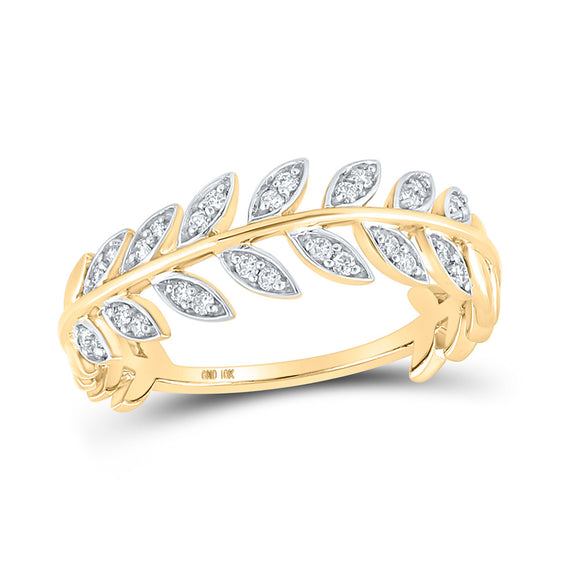 10kt Yellow Gold Womens Round Diamond Vine Leaf Stackable Band Ring 1/8 Cttw