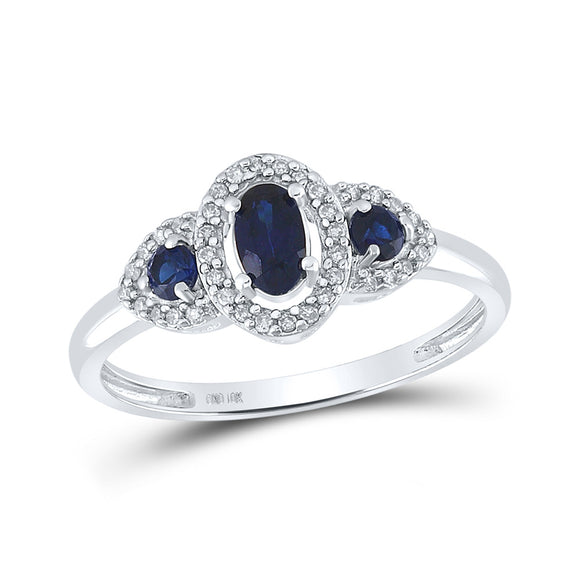 10kt White Gold Womens Oval Synthetic Blue Sapphire 3-stone Ring 5/8 Cttw