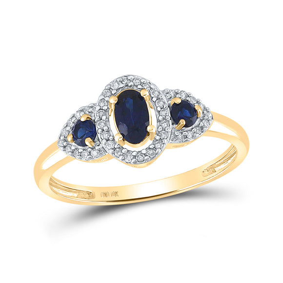 10kt Yellow Gold Womens Oval Synthetic Blue Sapphire 3-stone Ring 5/8 Cttw