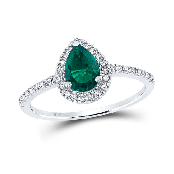 10kt White Gold Womens Pear Synthetic Emerald Solitaire Ring 7/8 Cttw