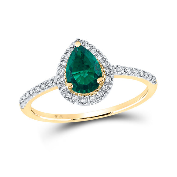 10kt Yellow Gold Womens Pear Synthetic Emerald Solitaire Ring 7/8 Cttw