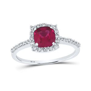 10kt White Gold Womens Cushion Synthetic Ruby Diamond Solitaire Ring 1-1/2 Cttw