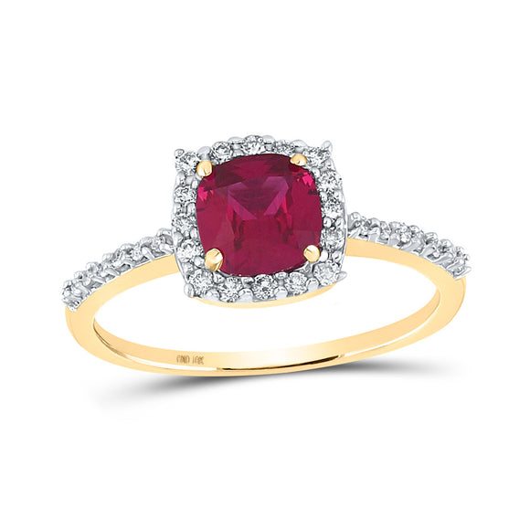 10kt Yellow Gold Womens Cushion Synthetic Ruby Diamond Solitaire Ring 1-1/2 Cttw