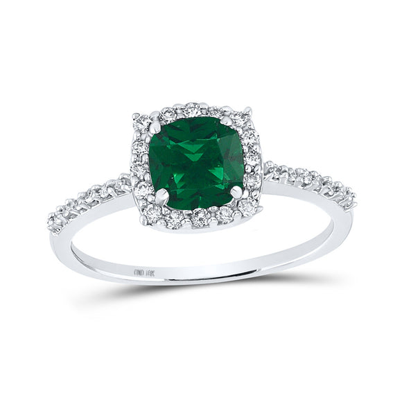 10kt White Gold Womens Cushion Synthetic Emerald Diamond Solitaire Ring 1-1/5 Cttw