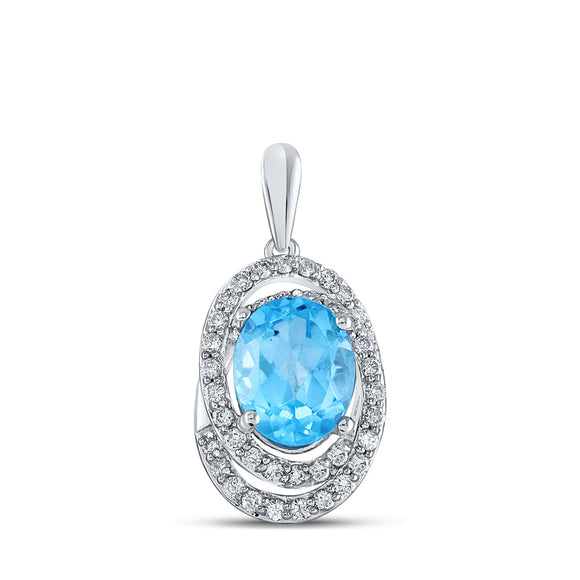 10kt White Gold Womens Oval Synthetic Blue Topaz Diamond Solitaire Pendant 2-1/2 Cttw