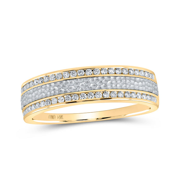 14kt Two-tone Gold Mens Round Diamond Wedding Hammered Band Ring 1/3 Cttw
