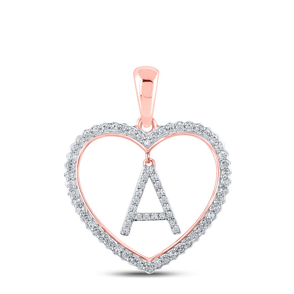 10kt Rose Gold Womens Round Diamond Heart A Letter Pendant 1/4 Cttw