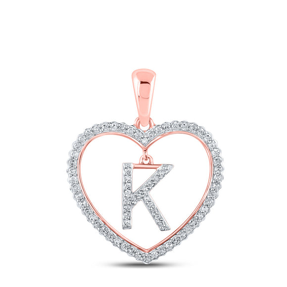 10kt Rose Gold Womens Round Diamond Heart K Letter Pendant 1/4 Cttw