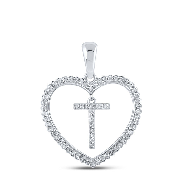 10kt White Gold Womens Round Diamond Heart T Letter Pendant 1/4 Cttw