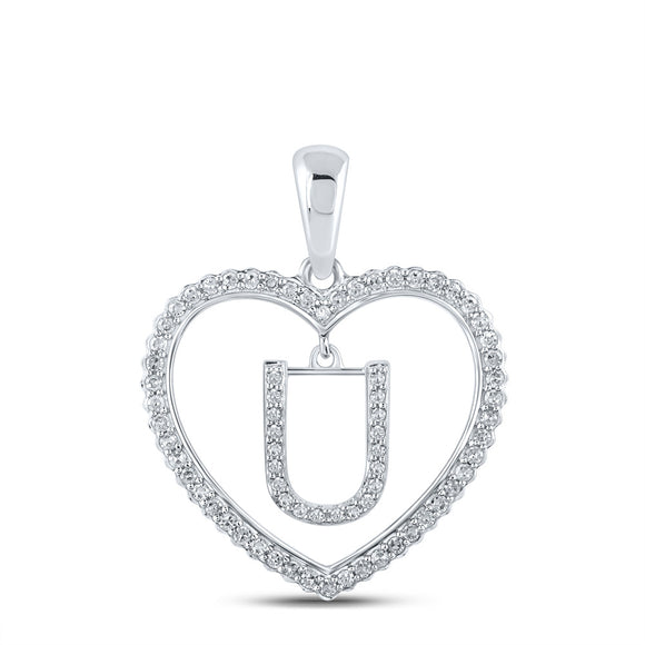 10kt White Gold Womens Round Diamond Heart U Letter Pendant 1/4 Cttw