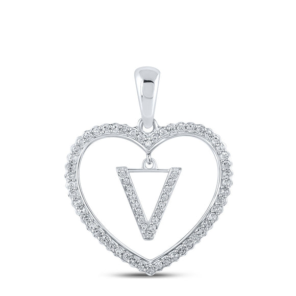 10kt White Gold Womens Round Diamond Heart V Letter Pendant 1/4 Cttw