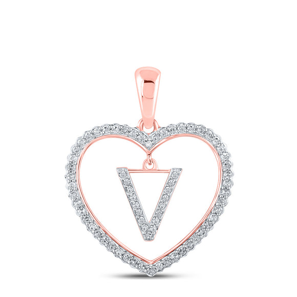 10kt Rose Gold Womens Round Diamond Heart V Letter Pendant 1/4 Cttw