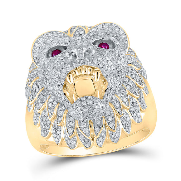 10kt Yellow Gold Mens Round Diamond Lion Animal Ring 1-3/8 Cttw