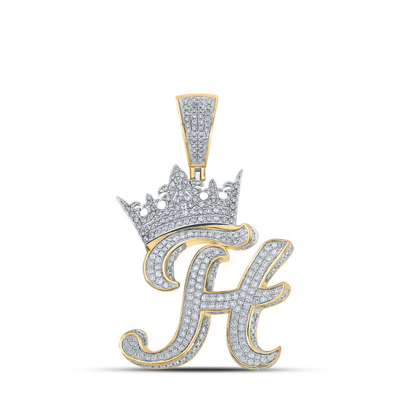 10kt Two-tone Gold Mens Round Diamond Crown H Letter Charm Pendant 1-7/8 Cttw