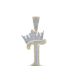 10kt Two-tone Gold Mens Round Diamond Crown T Letter Charm Pendant 1 Cttw