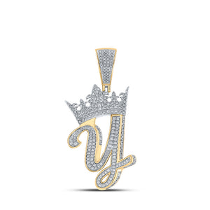 10kt Two-tone Gold Mens Round Diamond Y Crown Letter Charm Pendant 1-1/4 Cttw