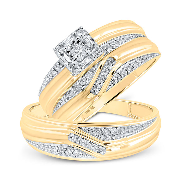 10kt Yellow Gold His Hers Round Diamond Square Matching Wedding Set 1/3 Cttw