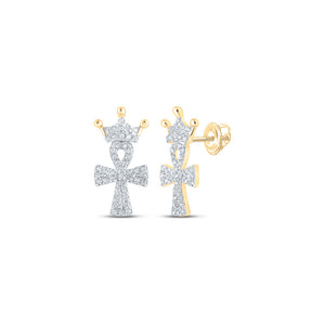 10kt Yellow Gold Womens Round Diamond Crown Ankh Cross Earrings 1/4 Cttw
