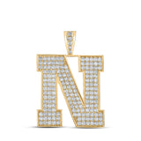 10kt Yellow Gold Mens Round Diamond N Initial Letter Charm Pendant 2-7/8 Cttw