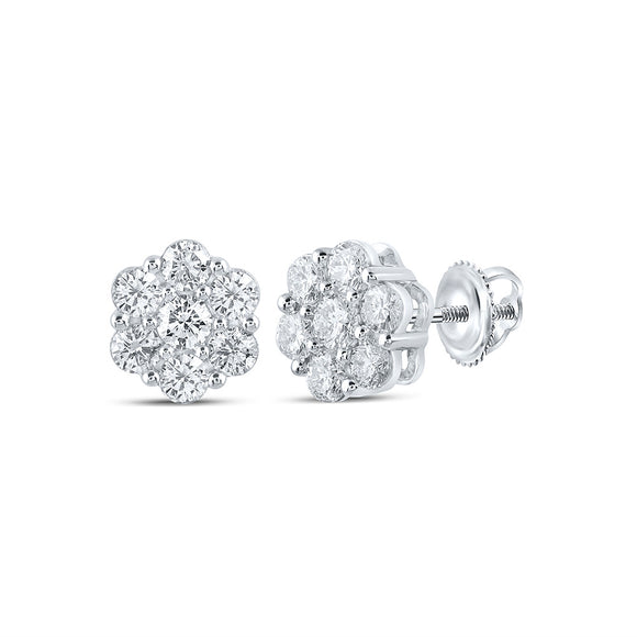 14kt White Gold Womens Round Diamond Cluster Earrings 1-1/2 Cttw