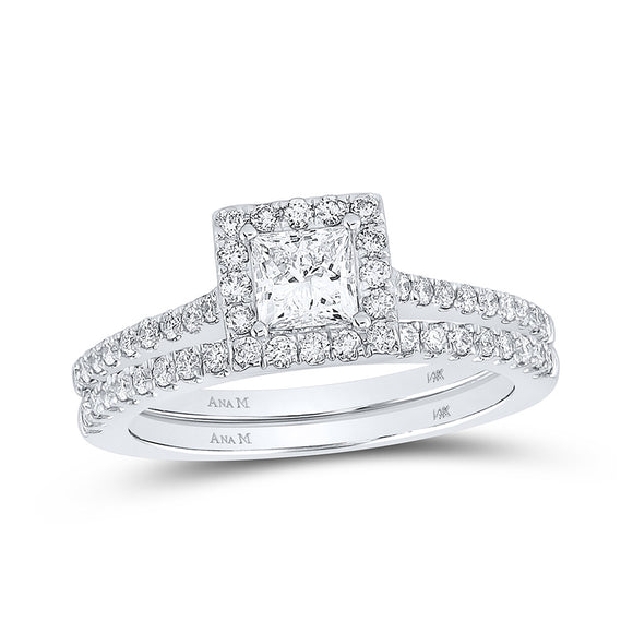 14kt White Gold Princess Diamond Square Halo Bridal Wedding Ring Band Set 1 Cttw