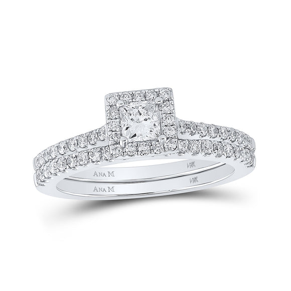14kt White Gold Princess Diamond Halo Bridal Wedding Ring Band Set 7/8 Cttw