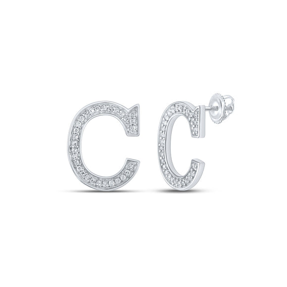 10kt White Gold Womens Round Diamond C Initial Letter Earrings 1/8 Cttw