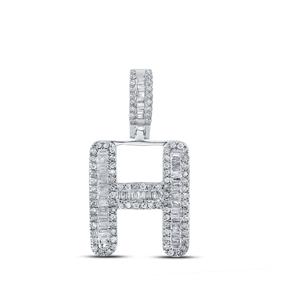 10kt White Gold Mens Baguette Diamond H Initial Letter Pendant 1/2 Cttw